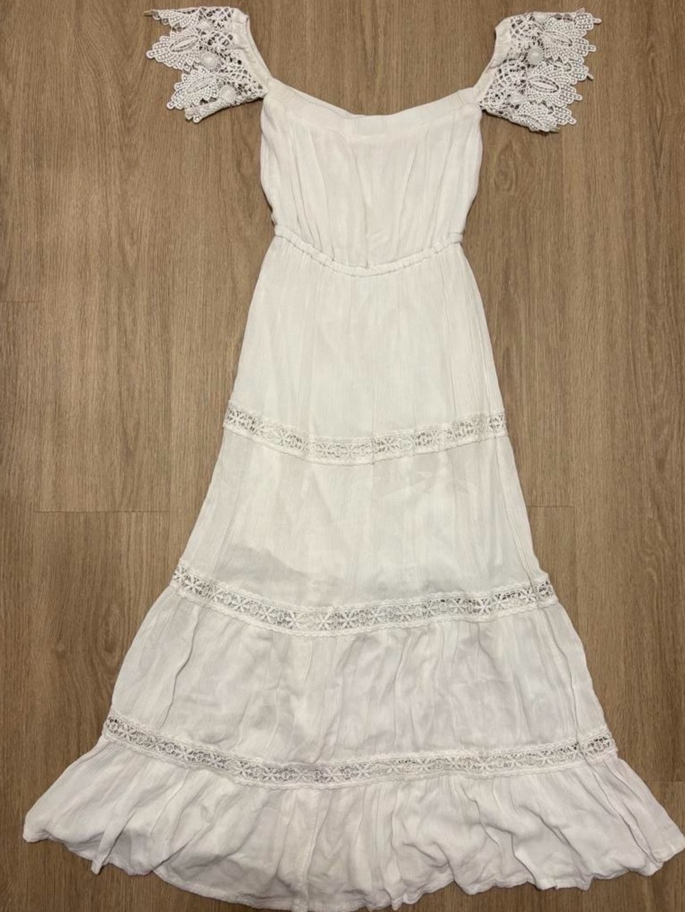Shinestar White Crochet Lace Cap Sleeve Tiered Boho Maxi Dress XL